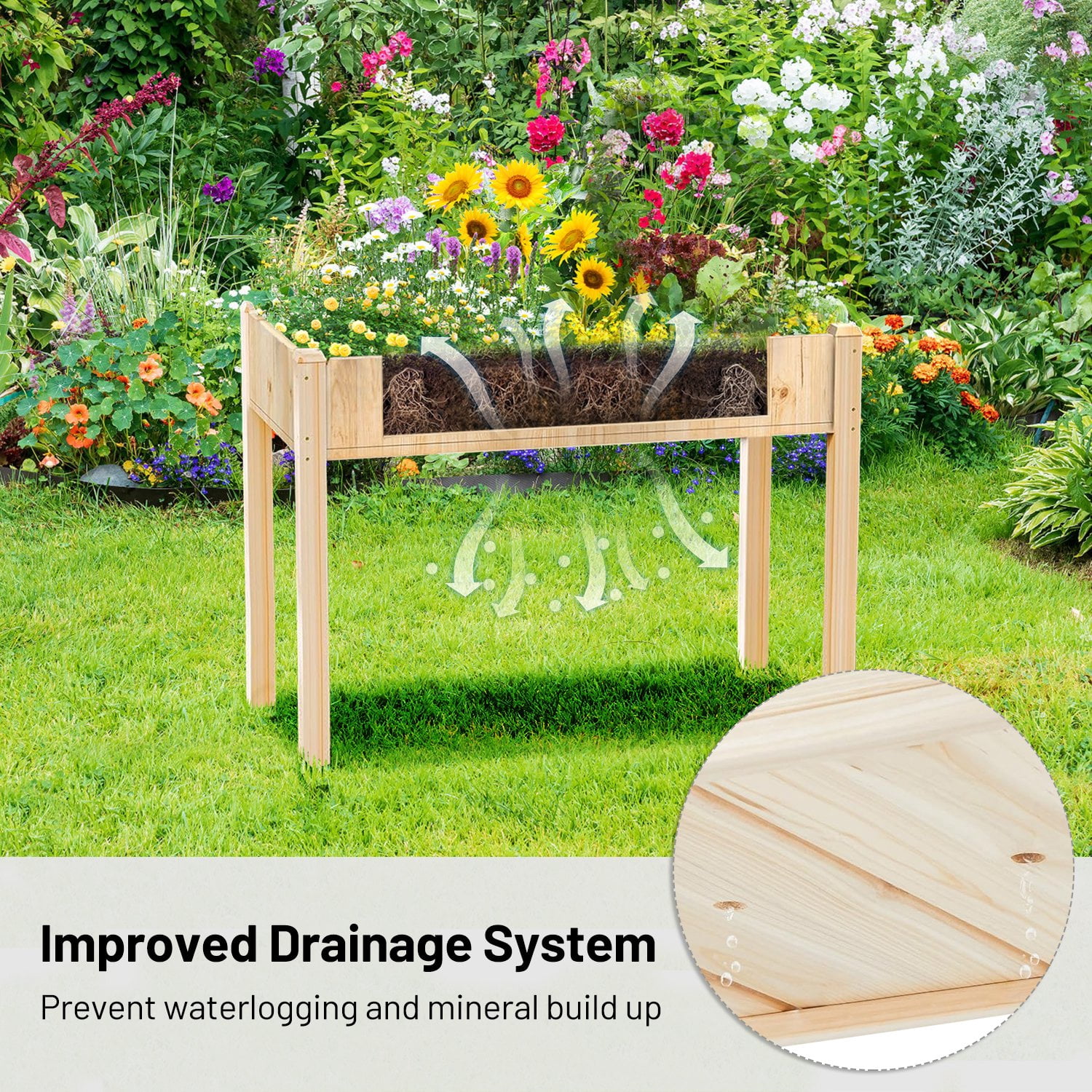 Beddle Outdoor Wood Raised Garden Bed, Elevated Reinforced Large Planter Box for Vegetable Flower Backyard Patio Gardening Balcony & Bed Liner,72x23x30in, Gray
