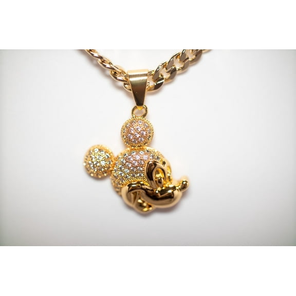 14k Bonded Gold Necklace with Mickey Mouse Head Pendent, Best Christmas Unisex Gift for Women, Men Mother, Father, Girlfriend, Boyfriend, Her, Him, Cuban Chain with Charm by Artisan Jeweler