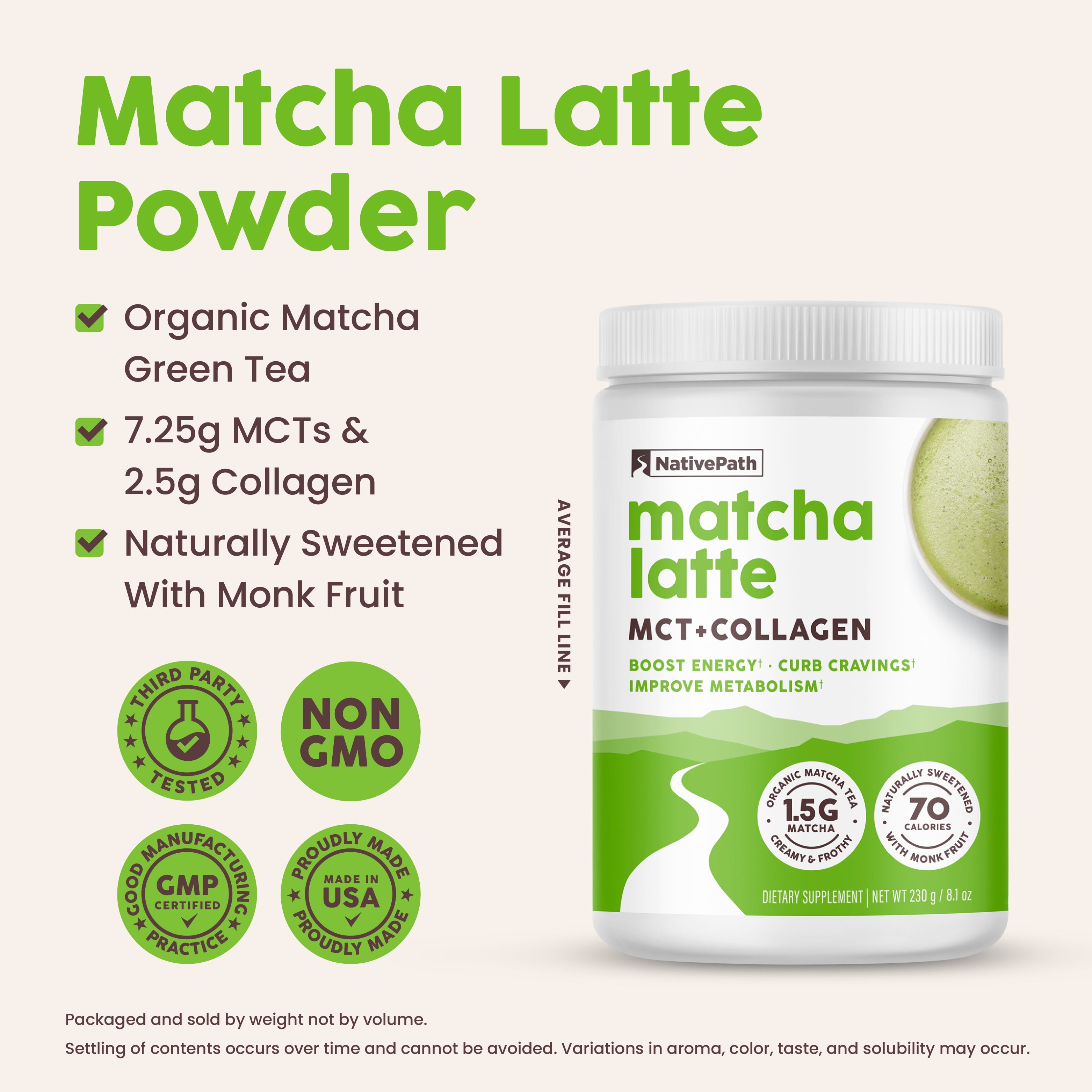 NativePath Matcha Collagen Latte Powder with MCT Oil, Organic Matcha, Keto, 20 Servings