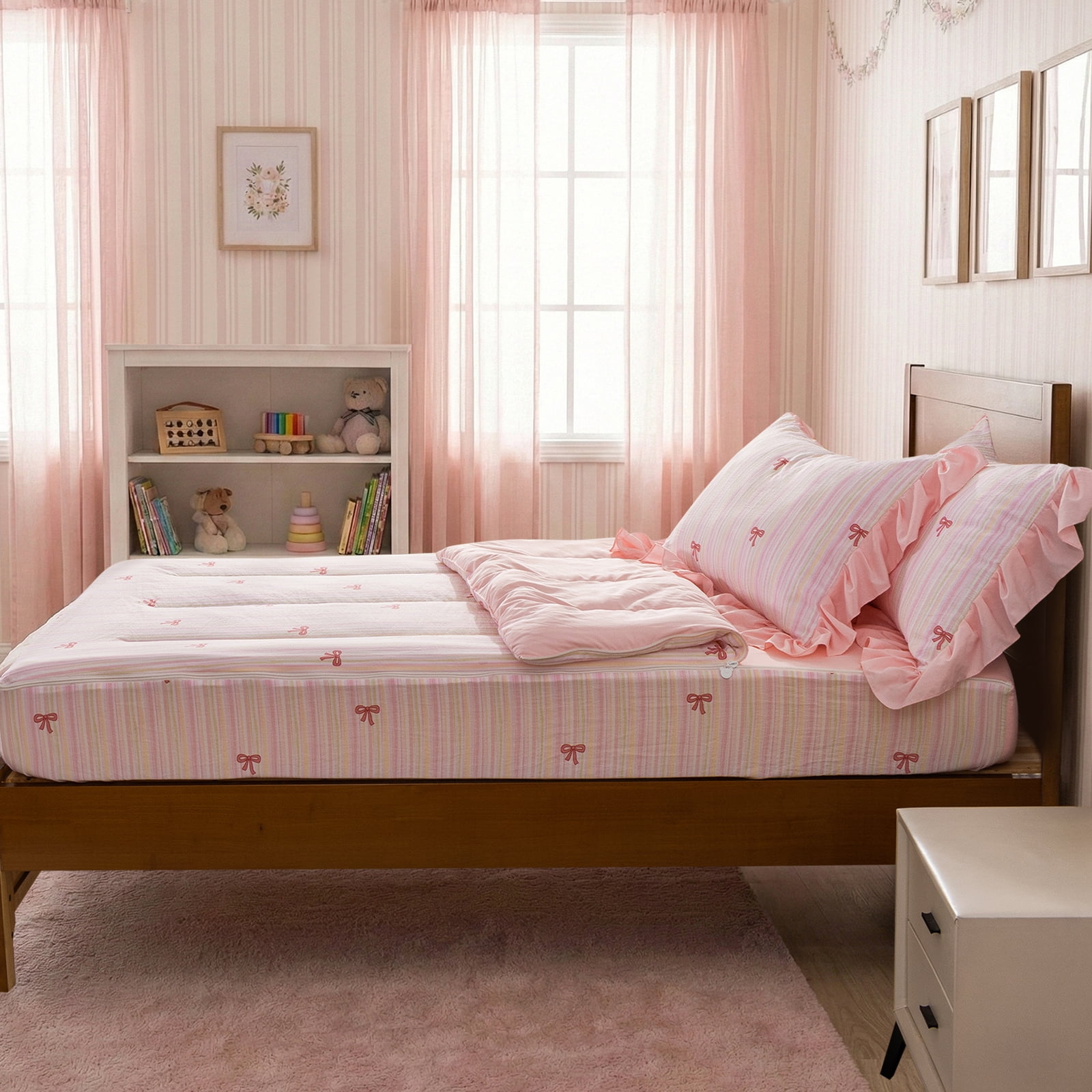 Btargot Bow Zip Bedding Pink Ribbon Bowknot Twin Comforter Set Princess Style Zipper Bedding Set