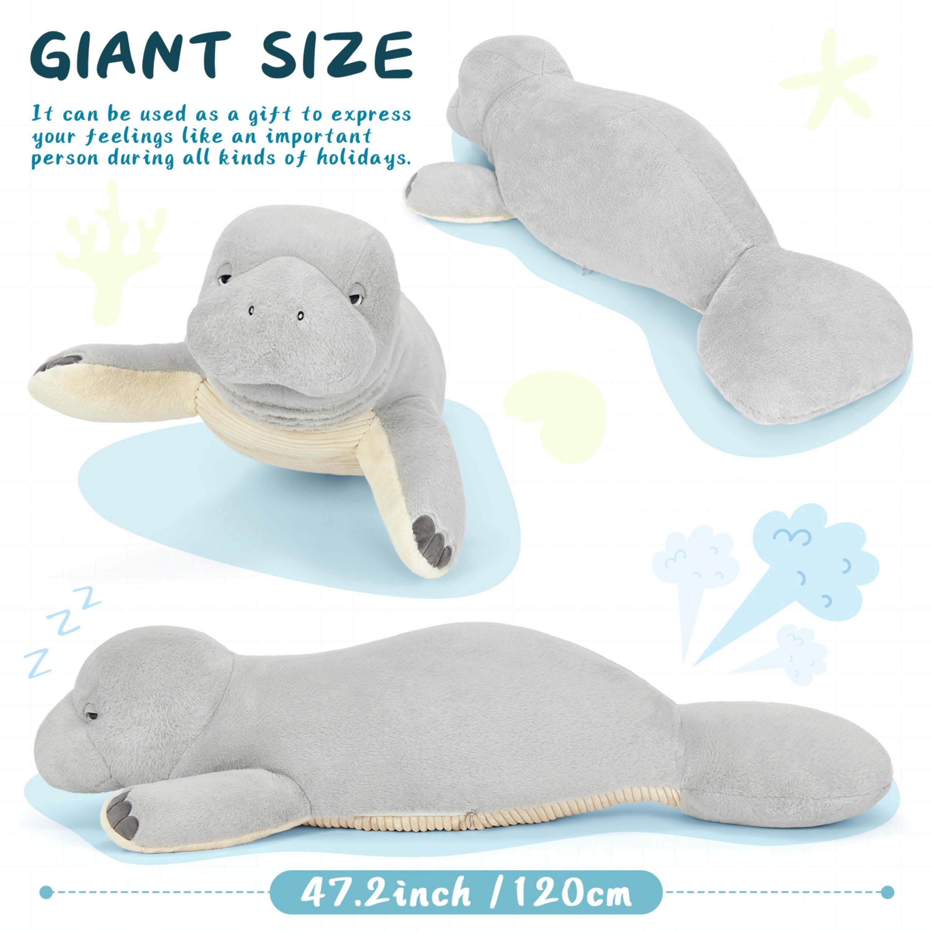 Muiteiur 47.2" Manatee Plush Toy Giant Manatee Stuffed Animal Body Pillow