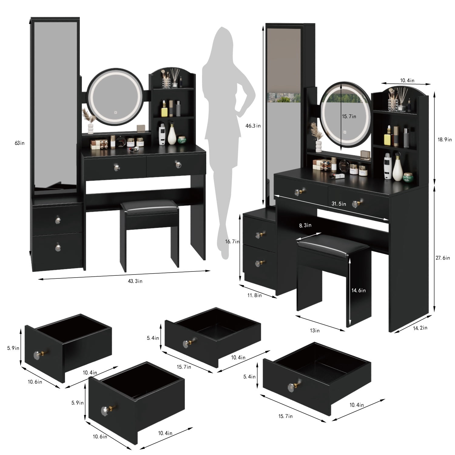 PORKISS Black Makeup Vanity Table Set, Modern Makeup Vanity with Full Body Mirror Cabinet, Power Station and Stool, Wood Vanity LED Mirror with 3-Color Light and Drawers for Bedroom