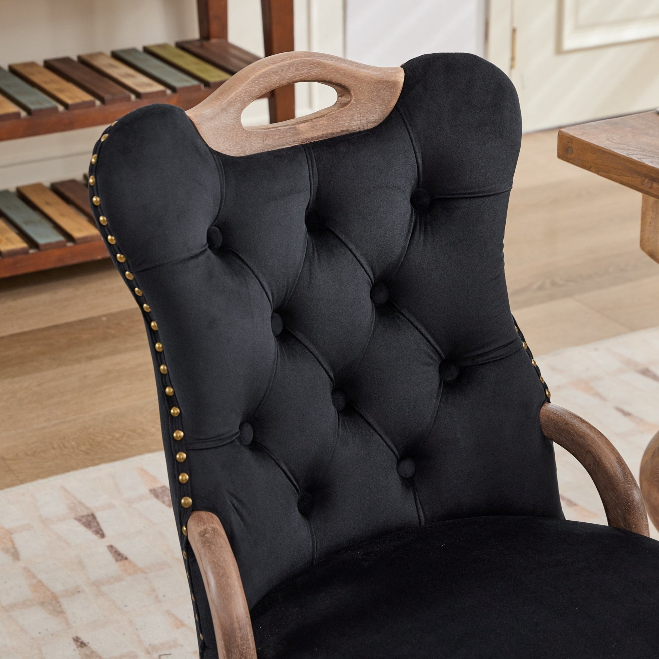 GDF Studio Set of 2 Dining Chairs with Tufted Velvet Upholstery, Copper Nailhead Trim, Black