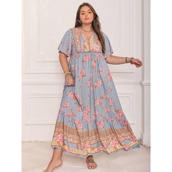 Dusty Blue Bohemian Plus Size Floral V-Neck Loose Maxi Dress For Summer Beach Holiday Party