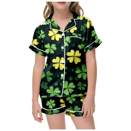 Ydojg Toddler Girl Pajamas Set Two Piece With Santa Pajama Print Short Sleeved Shorts For Children Light Yellow Girl Sleepwear Size 3-4 Years