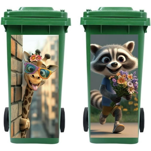 Wheelie Bin Stickers 2 Sheets Giraffe and Raccoon Sticky Dustbin Stickers Decals 15in x 32in Waterproof Large Wraps for Trash Cans Bins Driveway Garden Outdoor Indoor Patio Decor