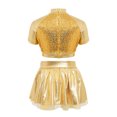 thumbnail image 4 of Aiihoo Kids Girls Jazz Dance Performance Outfit Mock Neck Short Sleeve Sequins Metallic Shirt Crop Top with Shiny Tutu Skirt Streetwear Gold 6, 4 of 6