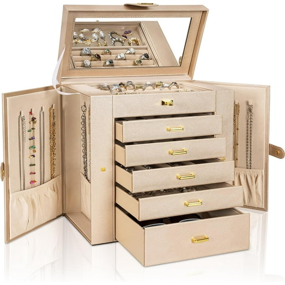Huge Jewelry Box Organizer Functional Extra Large Leather Jewelry Storage Case for Women Girls Ring Necklace Earring Bracelet Holder Organizer with Mirror