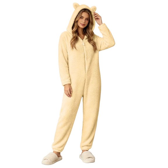 Womens Onesie Pajamas,Winter Warm Hooded Jumpsuit Loungewear Zip Up Sleepwear Plus Size