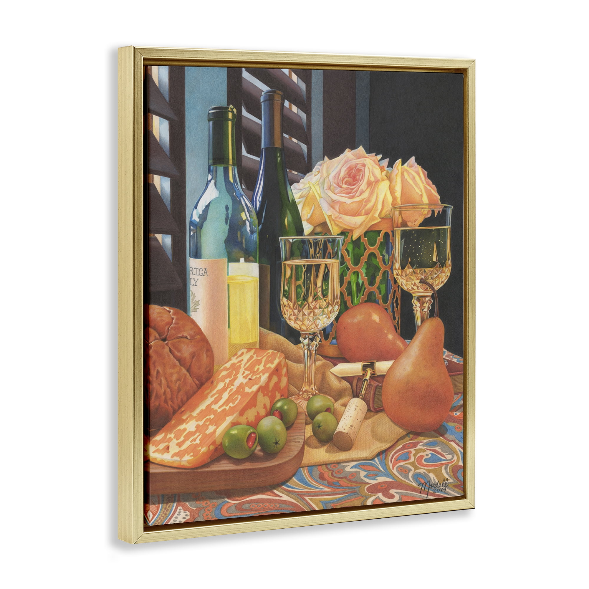 Stupell Industries Romantic Wine & Cheese Food & Beverage Painting Gold Floater Framed Art Print Wall Art, 25 x 31