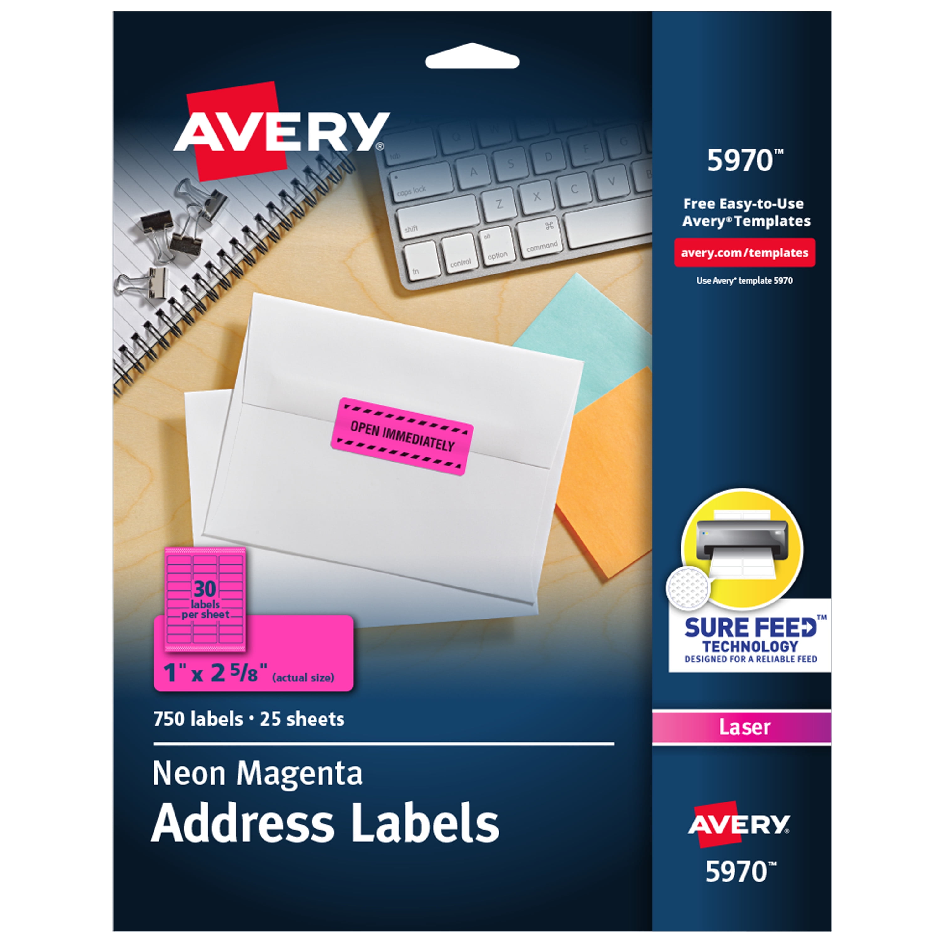 Avery 1" x 2 5/8" Neon Address Labels, Sure Feed, 750 Labels (5970