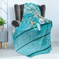thumbnail image 4 of Maritime Soft Flannel Fleece Throw Blanket, Nautical Elements Starfishes Shells and Net on Painted Wooden Planks Picture, Cozy Plush for Indoor and Outdoor Use, 70" x 90", Aqua and Tan, by Ambesonne, 4 of 5
