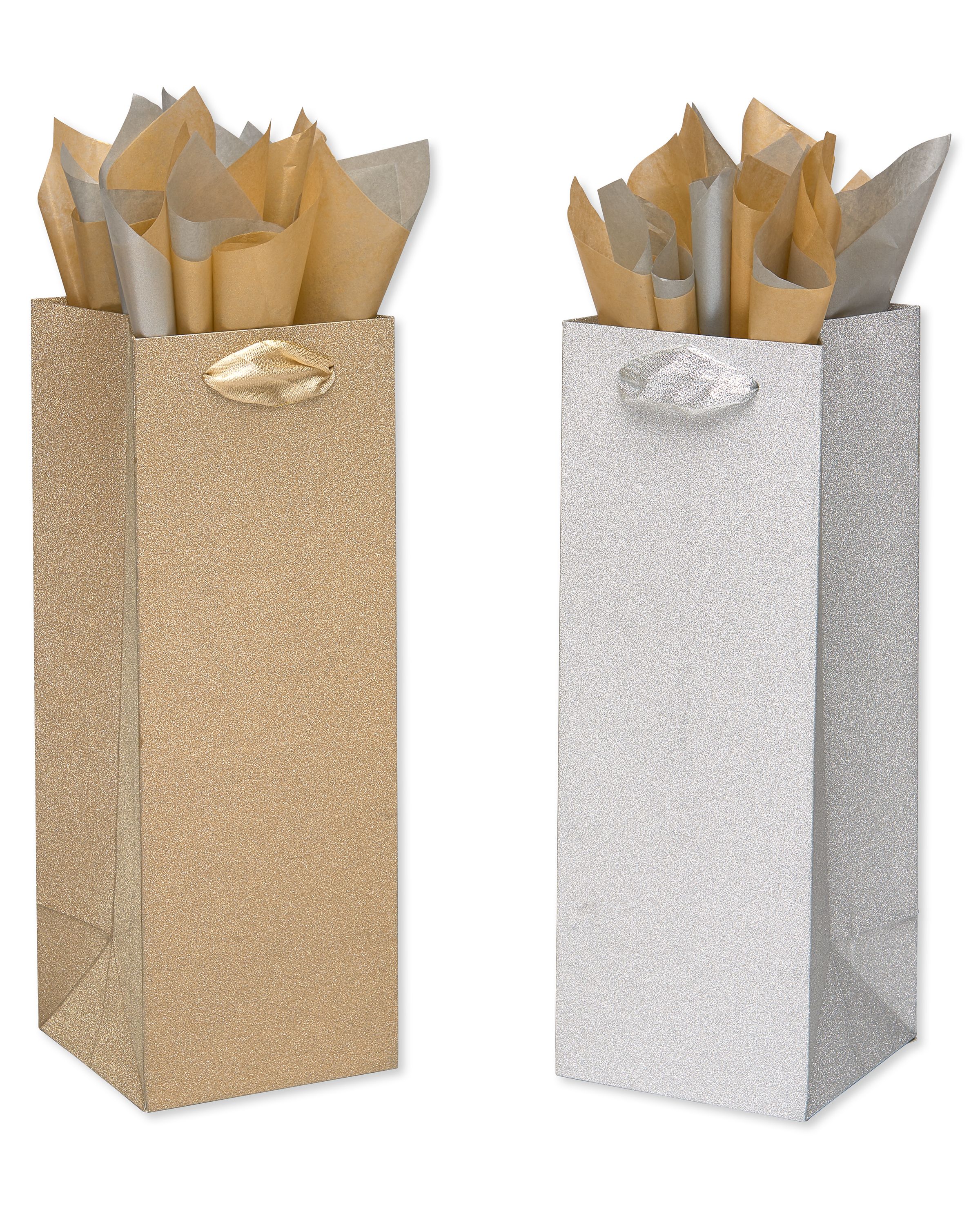 Papyrus Brushed Metallic Beverage Gift Bag & Tissue Set; 2 Beverage Bags, 8 Sheets of Tissue