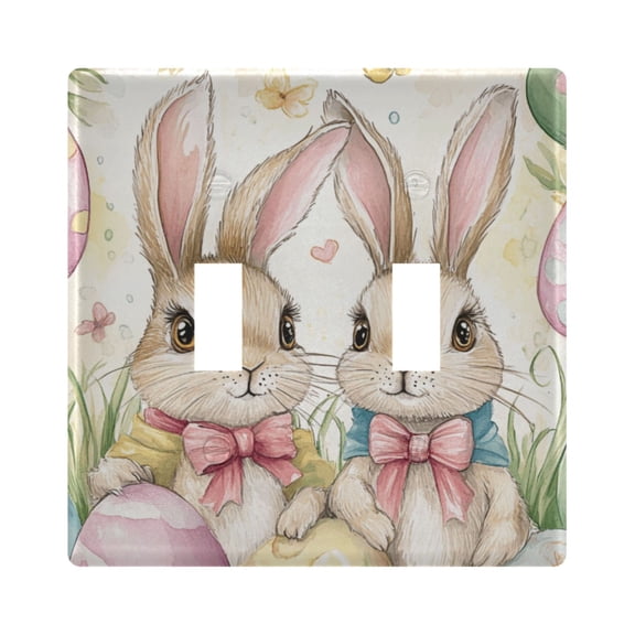 Haosy Light Switch Cover Plate 2 Gang Electrical Outlet Covers Cute Bunnies and Easter Eggs Decorate Wall Plate 4.56”x4.48”