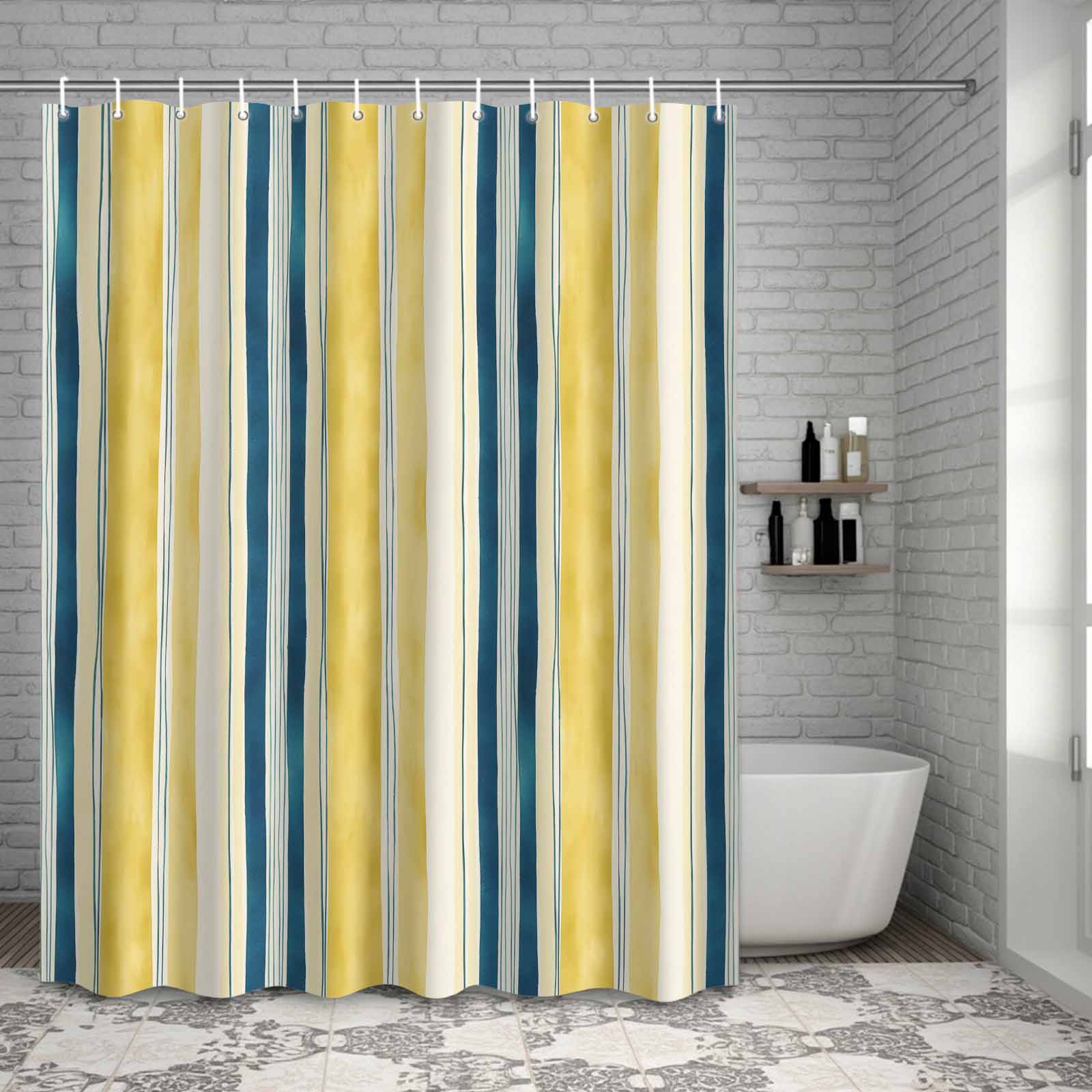 Bathroom Shower Curtain Gradient Yellow Blue Stripes Waterproof Shower Curtains with Hooks, Abstract Watercolor Line Bath Curtains Bathtub Curtain Home Decor 72x72in