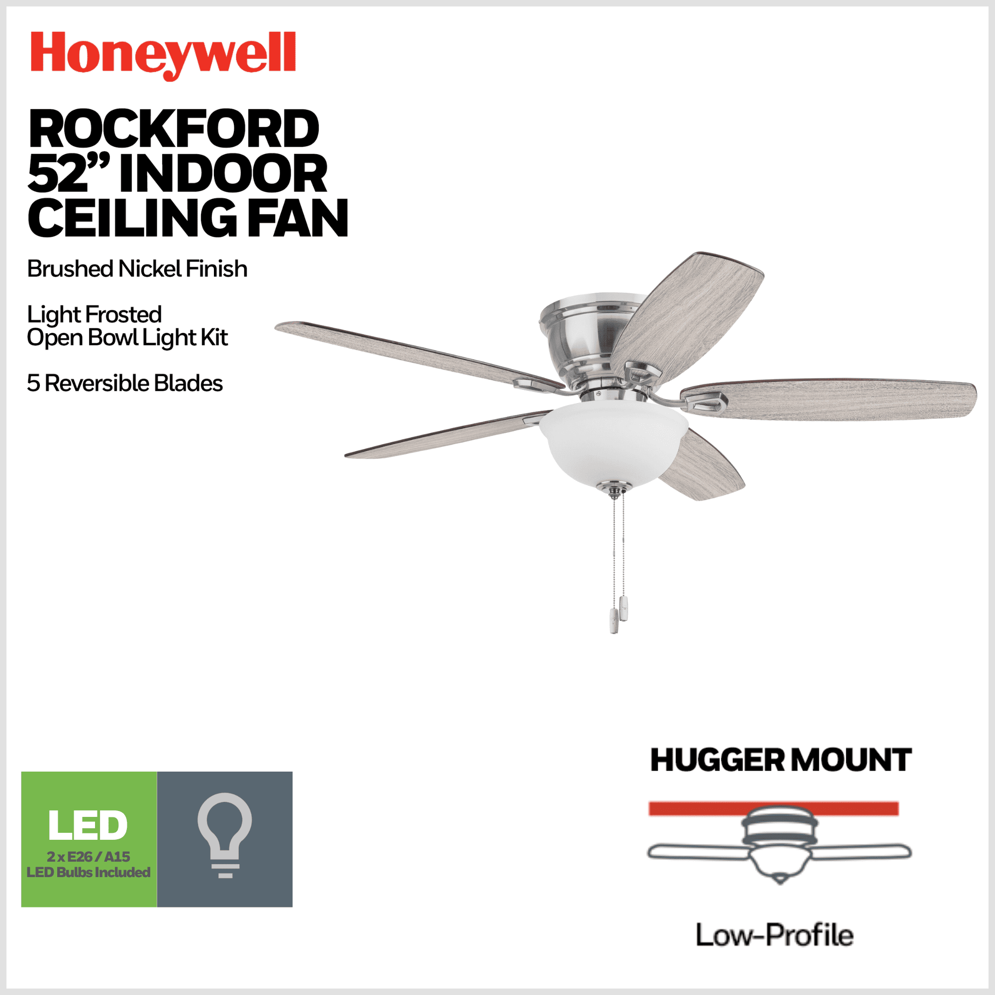 Honeywell Rockford 52" Traditional Satin Nickel Indoor Ceiling Fan with Light, Pull Chains & Reversible Motor