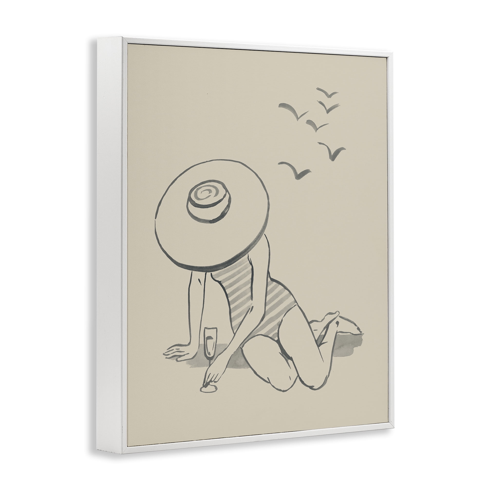 Stupell Industries Girl on Beach Sketch Novelty Drawing White Framed Art Print Wall Art, 24 x 30