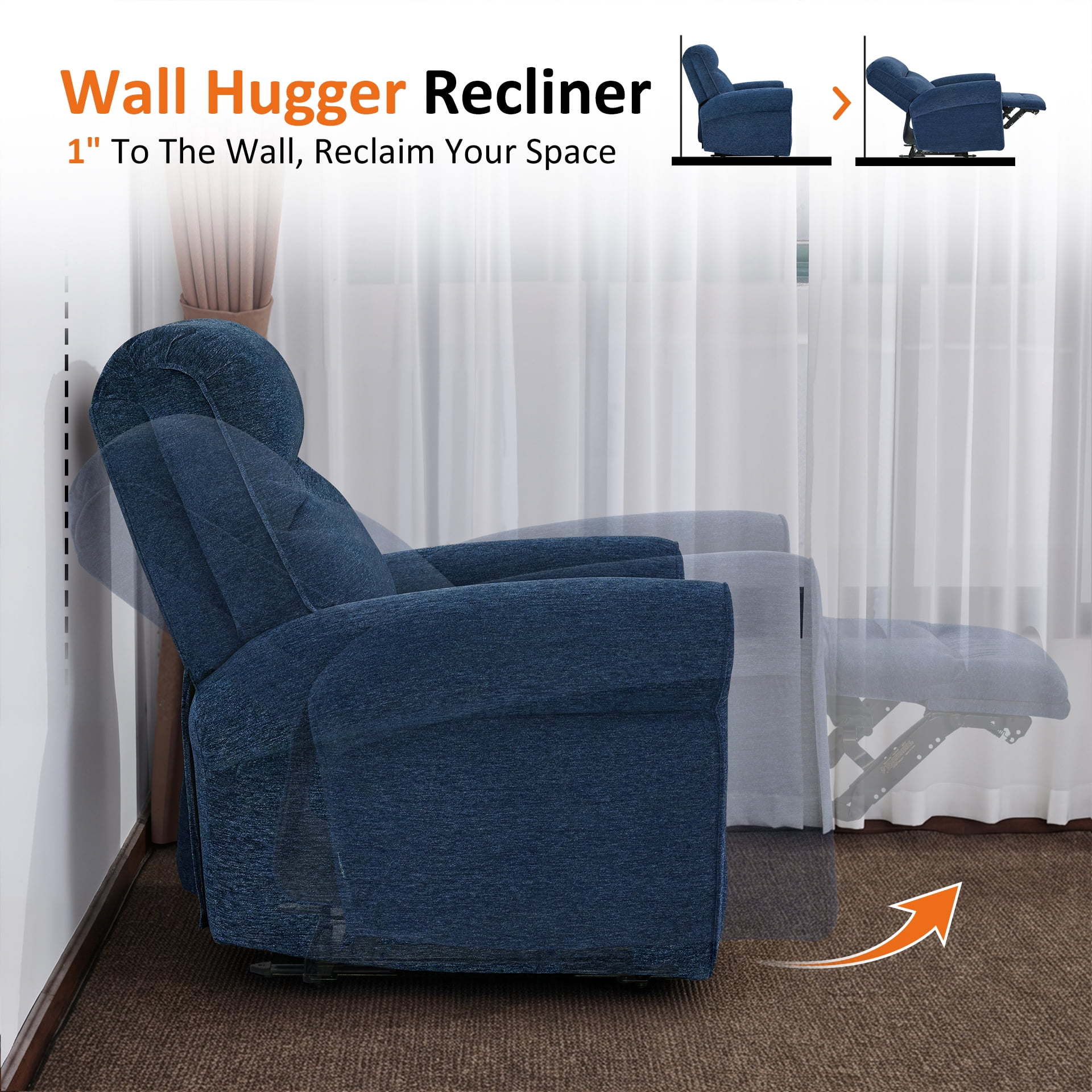 MCombo Small Wall Hugger Power Recliner Chair for Small Space RV Living Room, , Modern Roll Arm Recliner, Fabric, Navy Blue