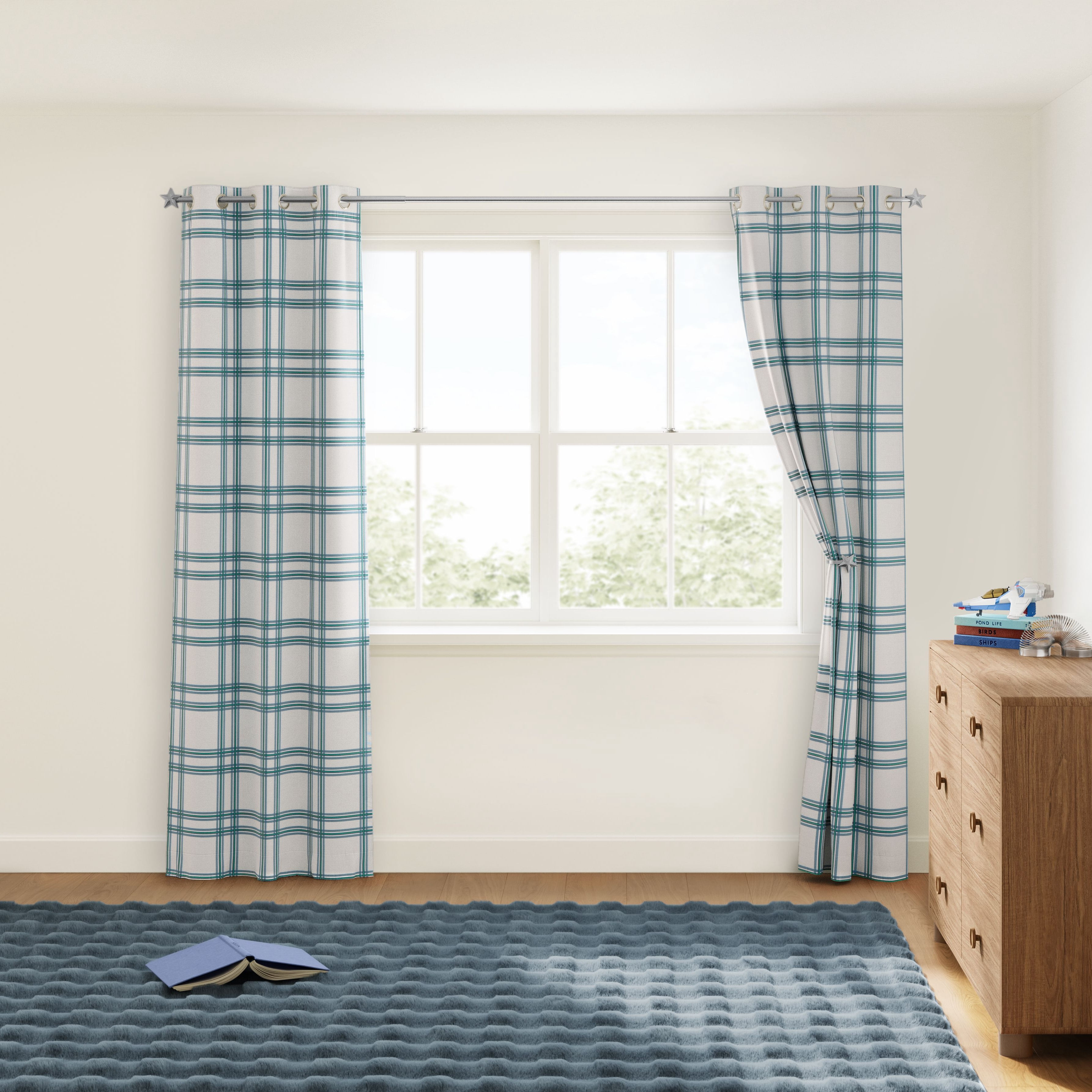 Mainstays Kids White and Blue Plaid Check Light Filtering Grommet Single Curtain Panel, 38" W x 95" L