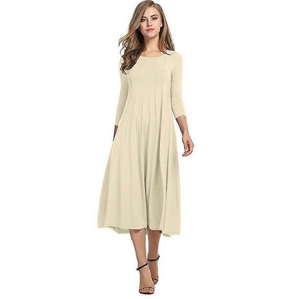 Women Summer Dress Fall Women's Clothing Round Neck Shirt With Half Sleeve Solid Color Wide Hem Dress
