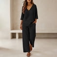 thumbnail image 6 of Lekode Womens Linen Set Fashion Outfits Loose Lounge Sets Wide Leg Pants Gauze Capri Set Linen Loungewear Sets Roll-up Sleeve Top Linen Pants Set Casual Loungewear Vintage Style Boho Black L, 6 of 7