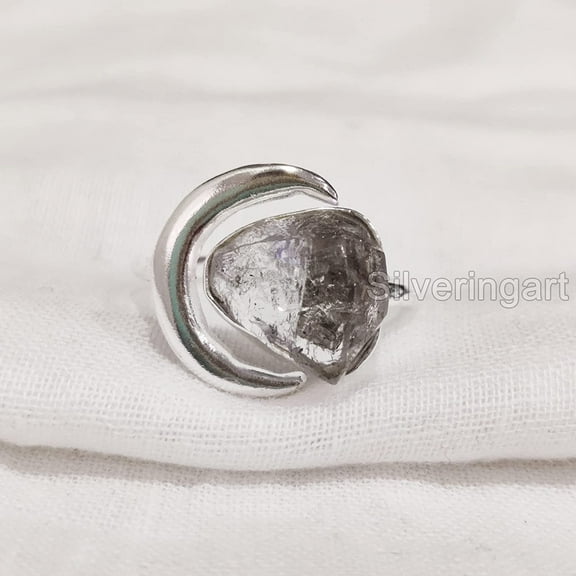 Natural Herkimer Diamond Ring, Raw Herkimer Diamond Ring, Crescent Moon Adjustable Ring, 925 Sterling Silver, Womens Ring, Christmas, Thanksgiving, Handmade, Statement Jewelry, Rough Gemstone Jewelry