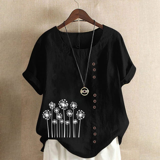 Lydiaunistar Women's Spring Tops Casual Short Sleeve Button-Up Printed Blouse, Plus Size Polyester Round-Neck Shirt for Daily Work Party, Black