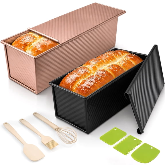 2Pack Pullman Loaf Pans with Lids – 2.2 LB & 1 LB Dough Capacity, Non-Stick Carbon Steel Bread Pans for Homemade Sandwich and Sourdough Bread, Corrugated Toast Mold