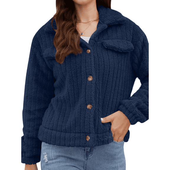 Mengpipi Women's Short Lapel Cardigan Fuzzy Ribbed Knit Open Front Shacket S-2XL