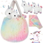 CHIKEN 4 Pieces Unicorn Toys for Girls Plush Stuffed Unicorn Toys, XL Furry Bag and Doll Blanket, Adorable Plush Stuffed Animal Toy for Birthday Party Favors, Age 2-8 (Rainbow Color)