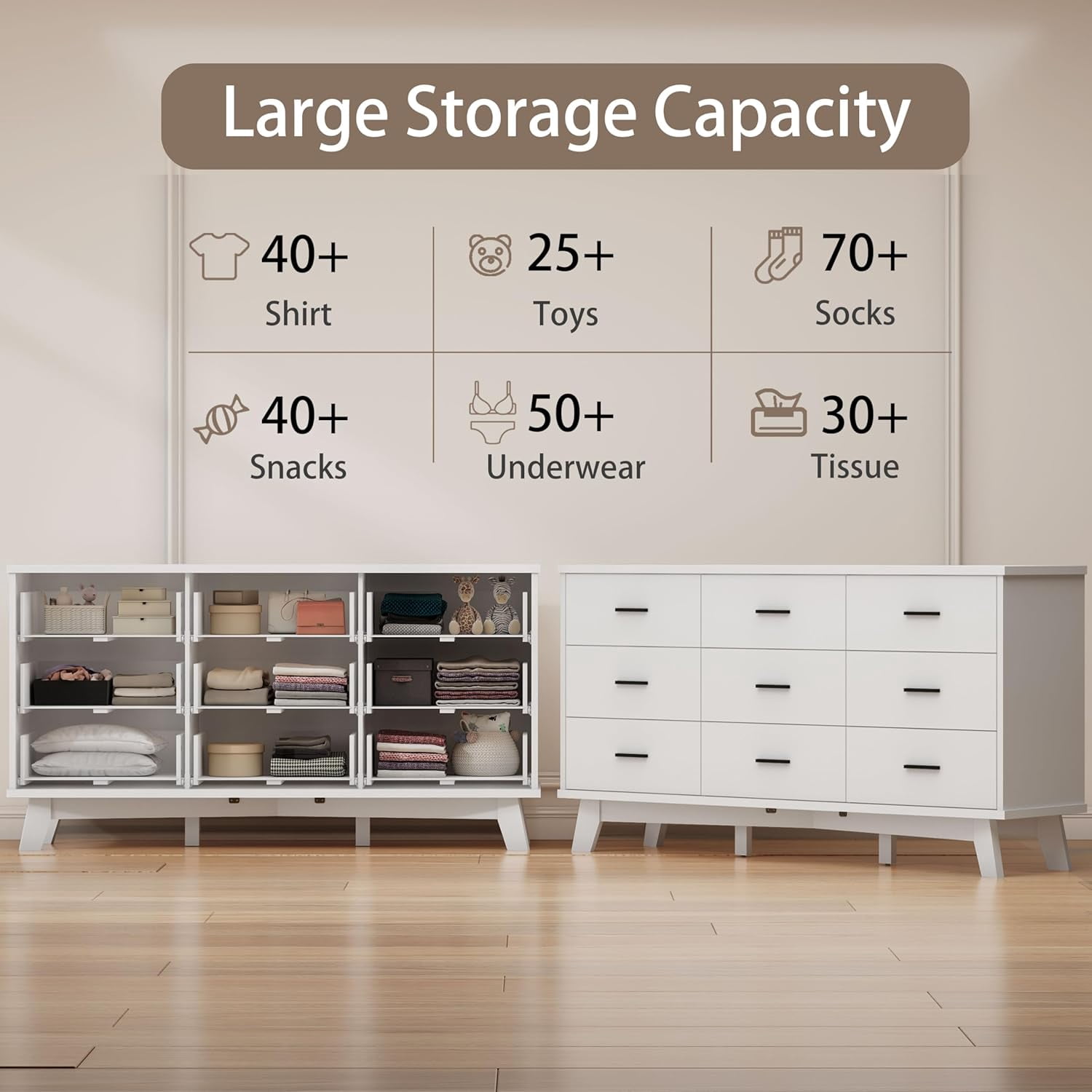 FANRAL 9 Drawer Dresser for Bedroom,Wood Modern Chest of Drawers with X-Shaped Sturdy Base,White Dresser