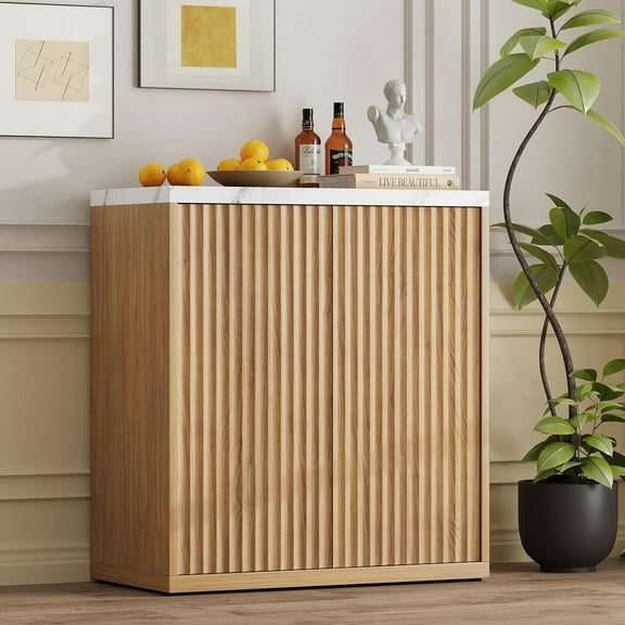 Kuublock 31 Sideboard Cabinet with Storage, Fluted Accent Cabinet with Adjustable Shelves, Modern Wood Credenza Cabinets with Pop-up Doors for Entryway Kitchen Living Room Hallway, Faux Marble Top