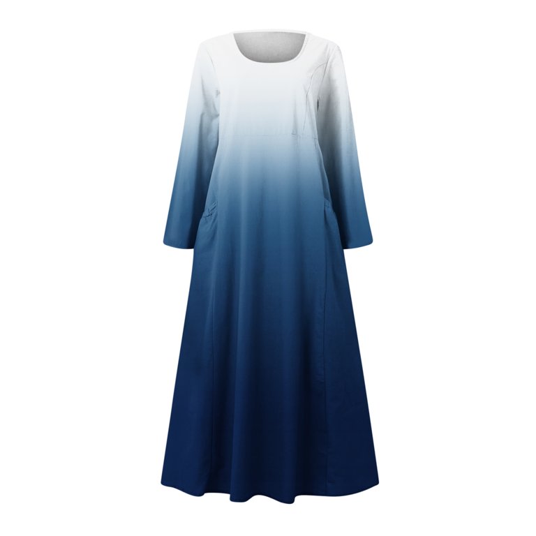 CALAFEBILA Winter Button Down Dresses for Women Knee Length Long Sleeve  Cotton Linen Midi Dresses Long Solid Color Crew Neck Womens Dresses