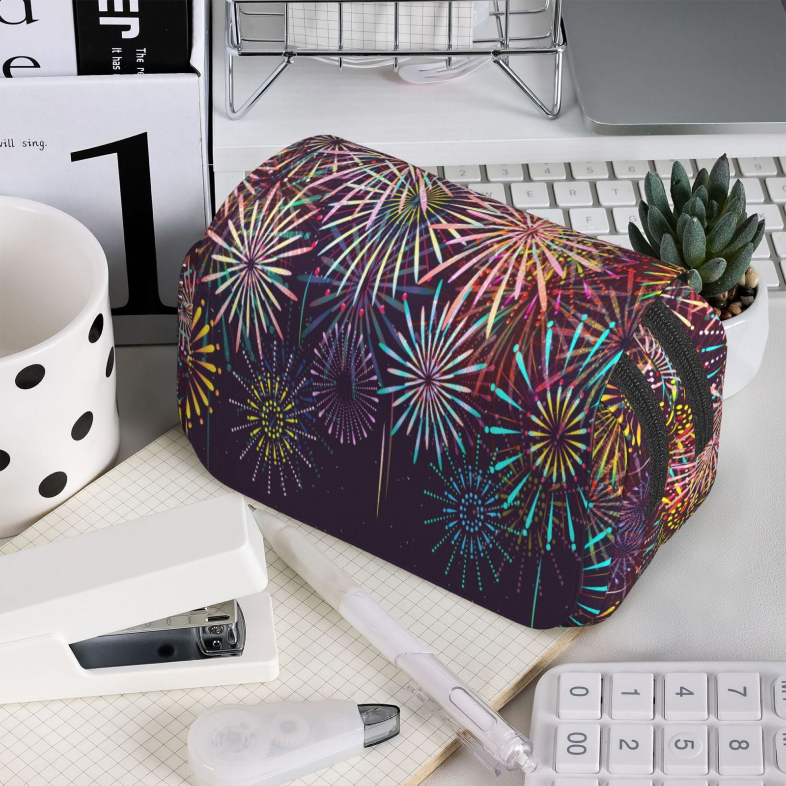 Rateoe Fireworks2 Pattern Double Clamshell Pen Case, Storage Organizer with Two Zipper Compartments– Holds Up to 50 Pencils & Pens