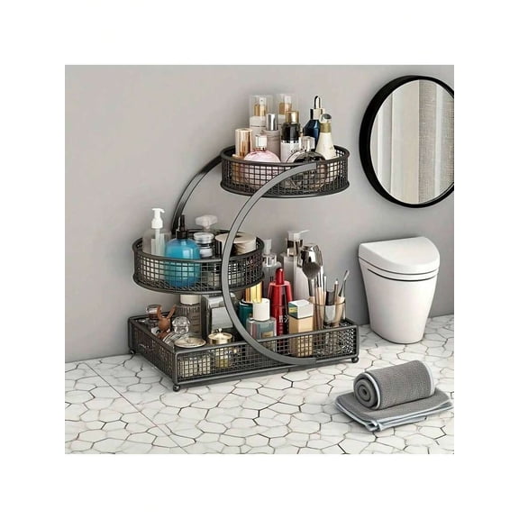 3-Tier Metal Cosmetic Storage Box, No Installation Required Makeup Organizer With Sleek Design For Dressing Table & Bathroom Countertop
