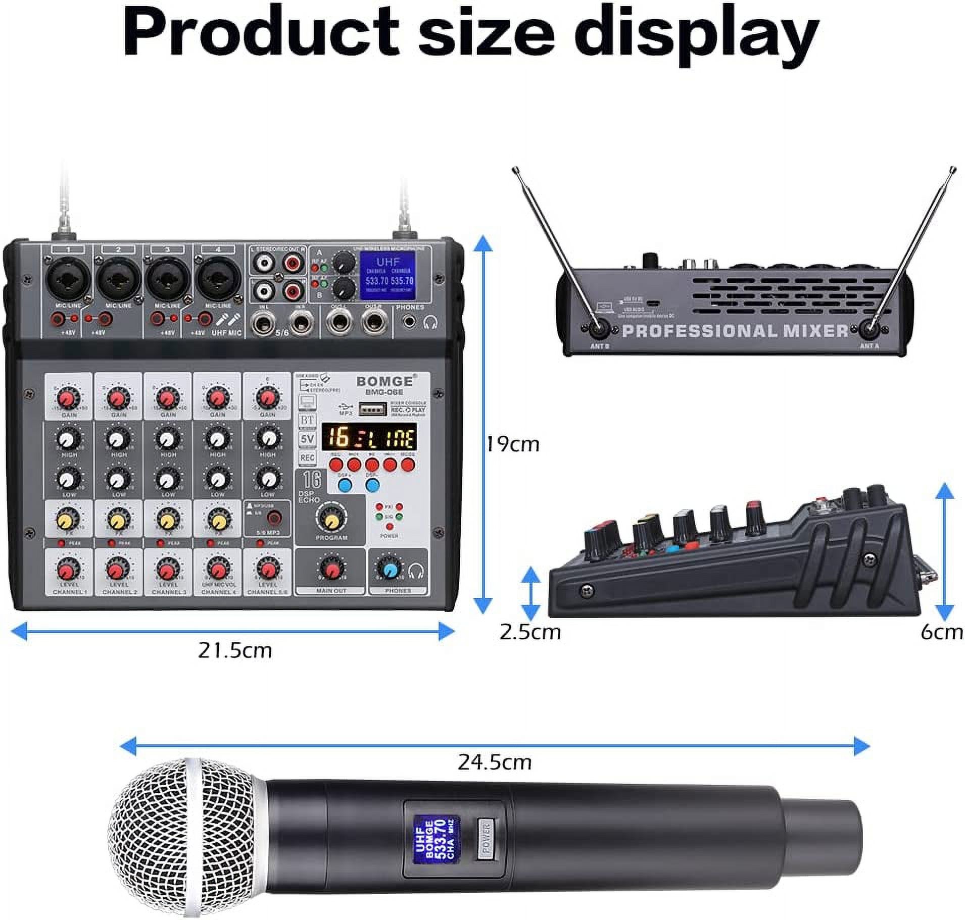 BOMGE 6 channel Audio DJ Console Mixer Soundcard with 2 Wireless Microphoneh,MP3,USB Bluetooth, 48V phantom for Home Studio Recording DJ Network Live Karaoke 16 Echo/Delay (06E-grey)