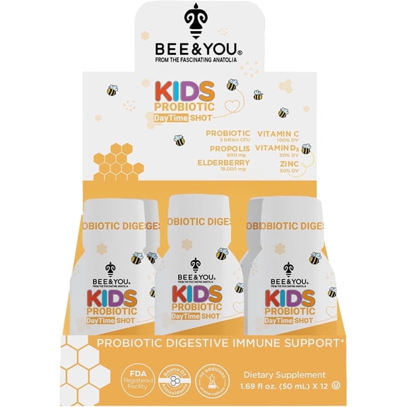 Bee and You Kids Propolis Immune Day Time Shot - Probiotic, Vitamin C, Vitamin D3, Zinc, Immune Support, Gut Health, Digestive Health, 1.69 Fl. oz, 12 Pack