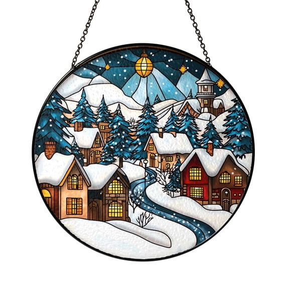 Snowy Village Stained Glass Suncatcher Window Hanging, Winter Town Art Glass Panel with Snowy Landscape, Decorative Holiday Village Window Ornament for Christmas Home Decor Gift