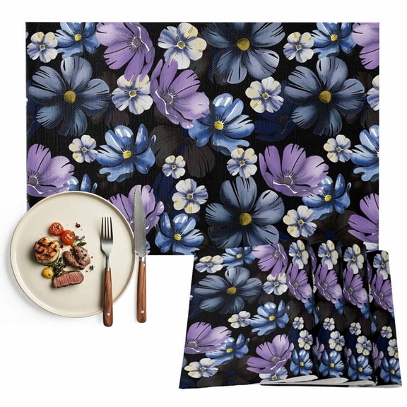 Placemats Set of 4, Purple Floral Place Mats Navy Blue Flowers Tablemats Washable Placemat Table Decoration for Kitchen Table Dinner Party Home Decor Indoor Outdoor 13x19 Inch