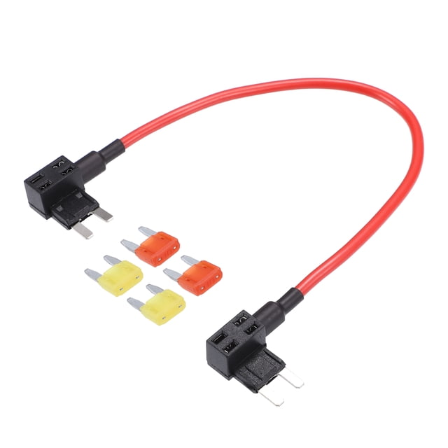 Unique Bargains TIPM Bypass Cable Fuse Holder Fuse Adapter for Dodge Durango 2011-2013, featuring a red cable, black connectors, and five fuse blades in yellow and orange. Designed for automotive electrical systems and made of durable plastic and metal materials.