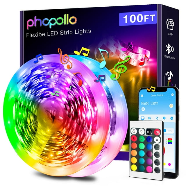 Tira de luces LED phopollo Bluetooth 100 pies (30 m) 2x50 pies RGB