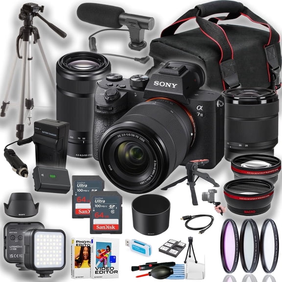 Sony a7 III Mirrorless Camera w/ 28-70mm & 55-210mm Lenses   Tripod, Case & Extra Battery (21-Pc Bundle) (International Version)