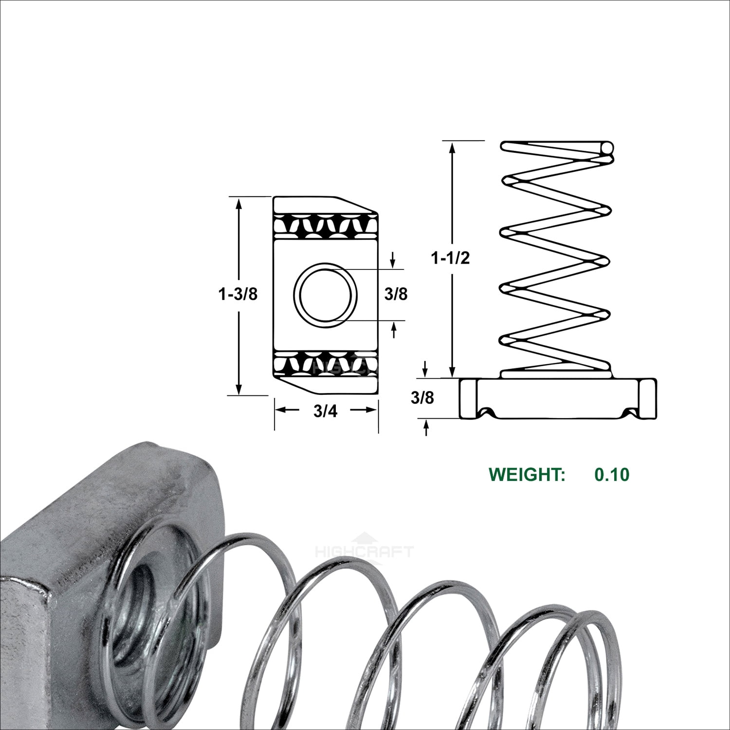 Highcraft 3/8" X 1-3/8" Threaded Strut Channel Nuts W/ Long Spring, Steel 50 Pk