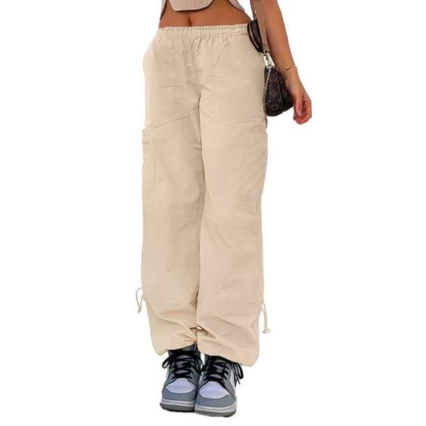Avamo Ladies Trousers Mid Waisted Cargo Pants Solid Color Parachute Pant  Lightweight Bottoms Street Khaki L