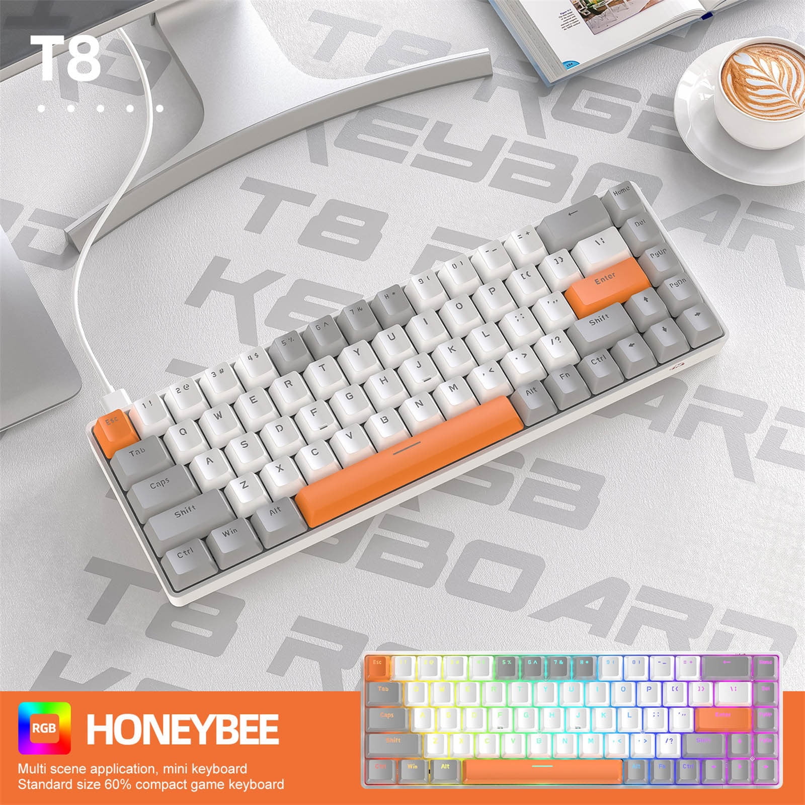 Keyboard, Computer Desktop Gaming Keyboard 68 Key Mechanical Keyboard Type-C Wired RGB LED Backlit Blue Gaming Mech Keyboard