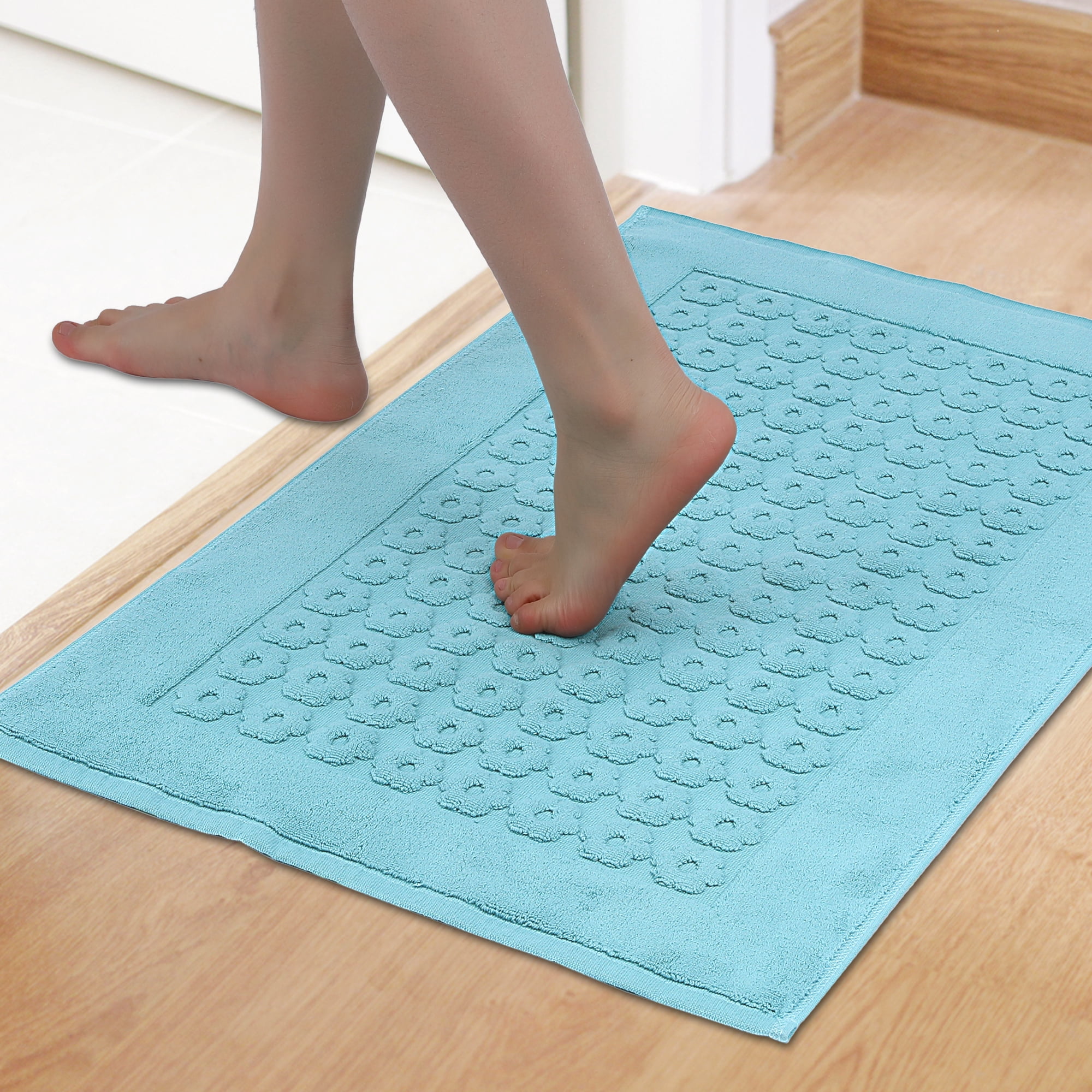 REGALWOVEN Luxury Bath Rug Towel, Cotton Absorbent Hotel Spa Shower Floor Mat for Bathroom Blue 20" x 32"