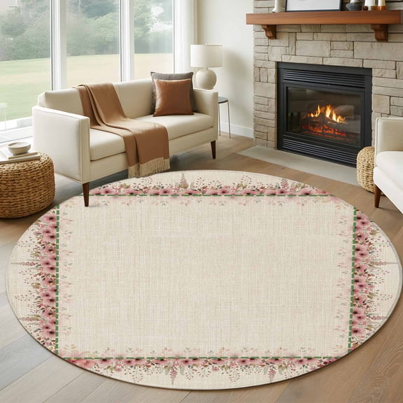 Round Rugs 5Ft, Pink Floral Round Area Rug Washable Indoor Throw Carpet, Spring Farmhouse Flowers Watercolor Soft Non Slip Circle Rug for Cabinet Bathroom Home Decor Aesthetic