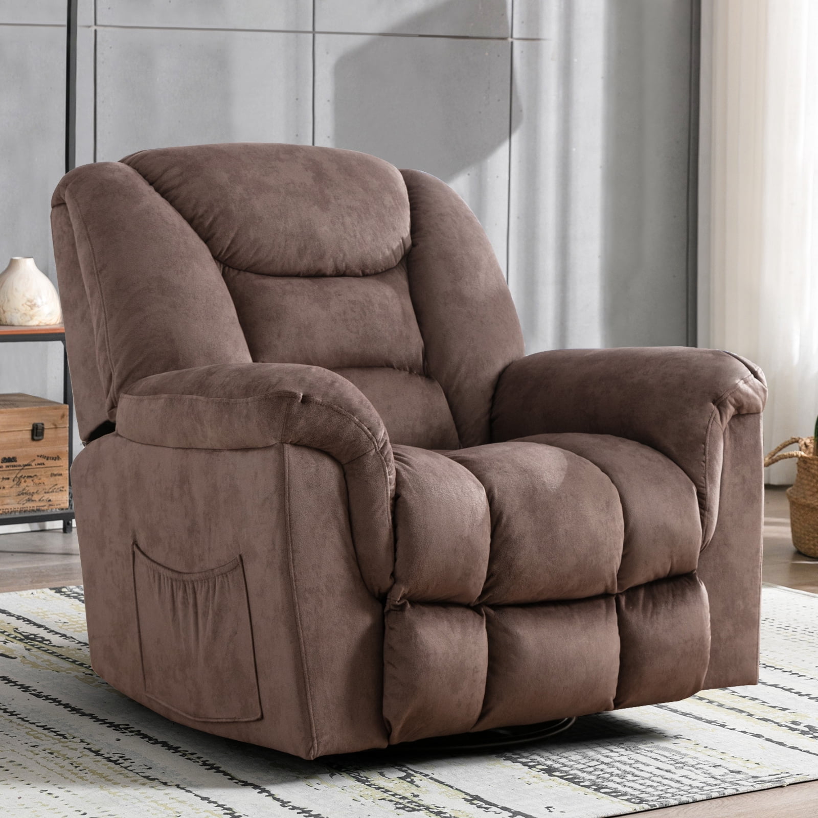 Bonzy Home Manual Swivel Rocker Recliner Chair, Fabric Upholstered Reclining Sofa Chair for Living Room, Brown