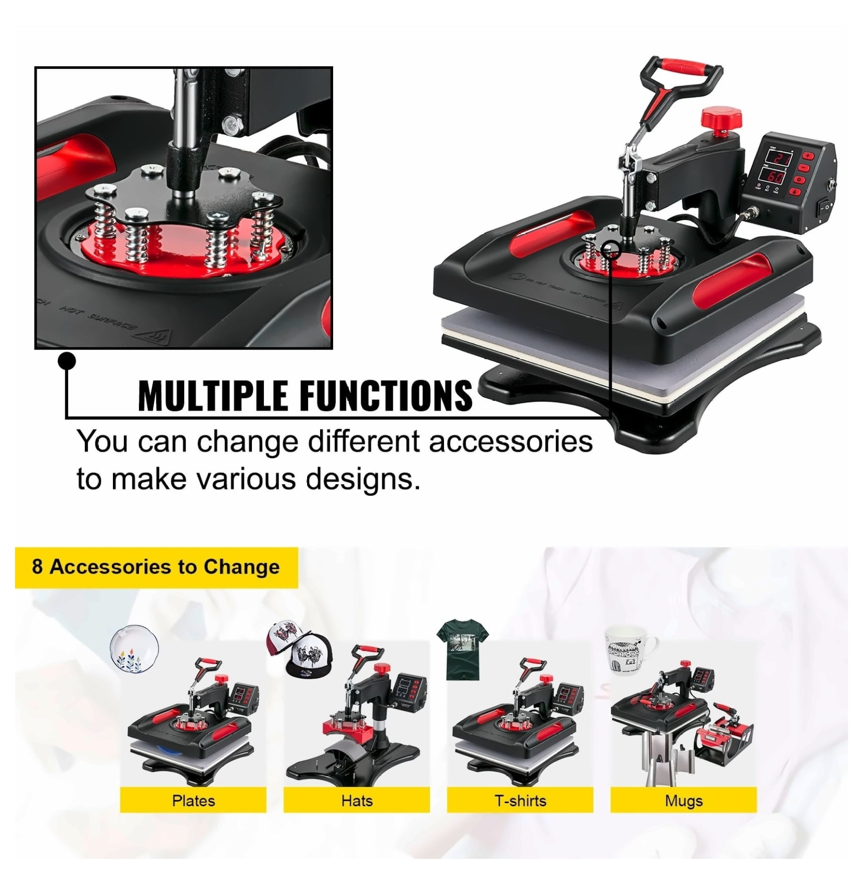 Heat Press Machine 15x15 8-in-1 Sublimation Machine, Digital Control, 360° Rotation, for T-Shirts, Caps, Mugs, Plates - Red