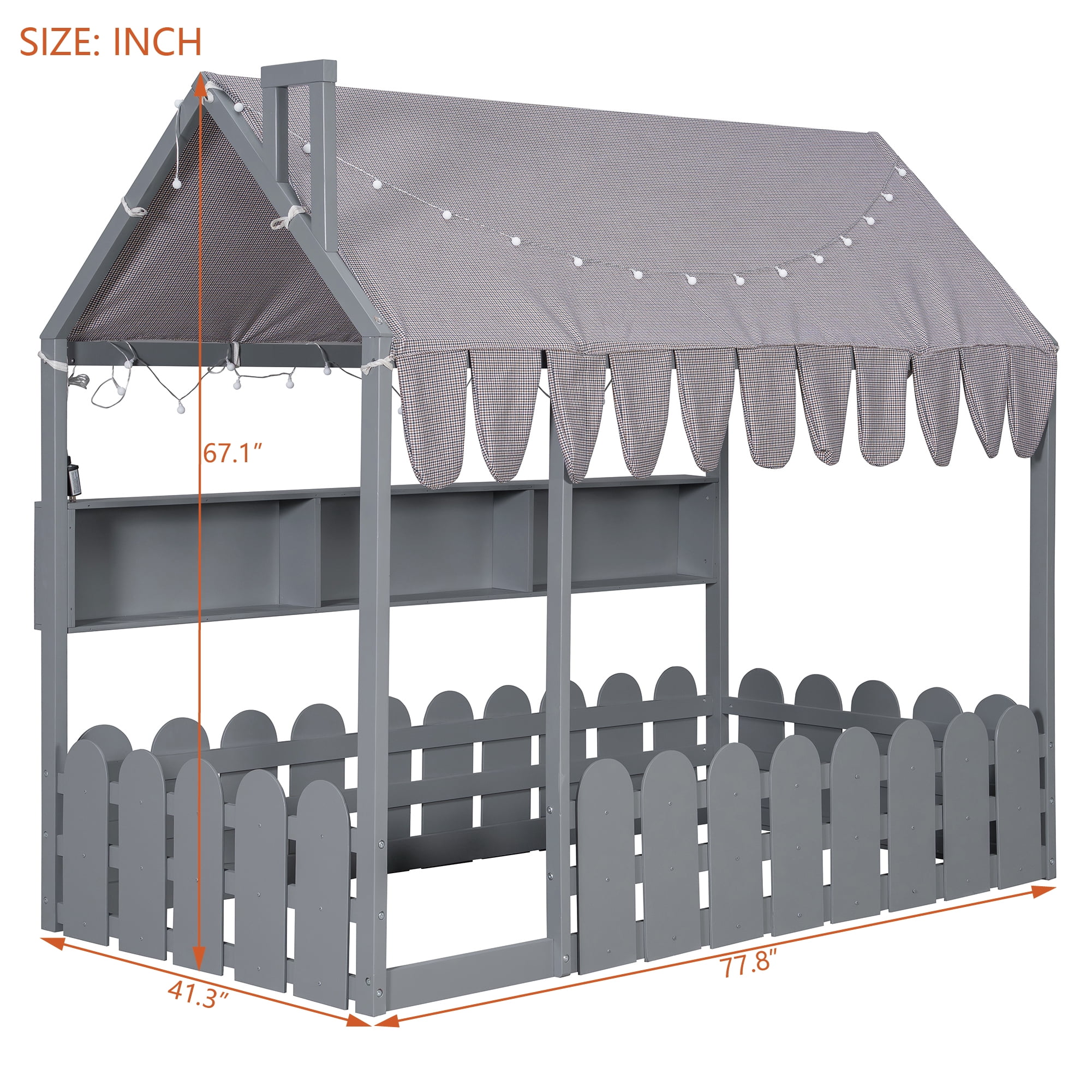 Sailvan Twin Size Montessori House Bed for Kids, Floor Bed with Fence Railings, Slats not included